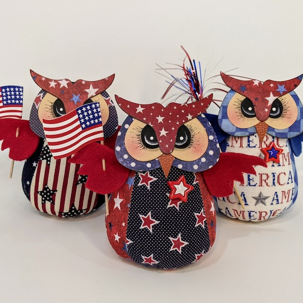 Americana Owls (3 Pack) - Fourth of July Decor Ornaments, Dolls, Owls