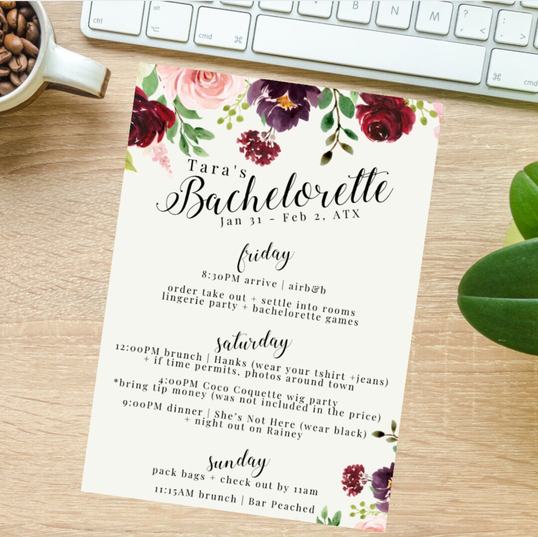 FLORAL Itinerary - Bachelorette, Birthday, Wedding, Customized With ...
