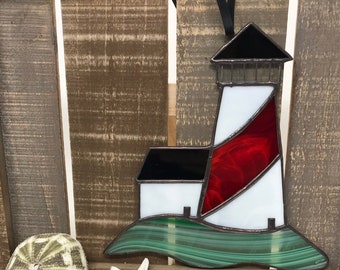 Stained Glass Lighthouse Ornament, Suncather, Beach Decor, Ocean Theme Decor, Wall Hanging