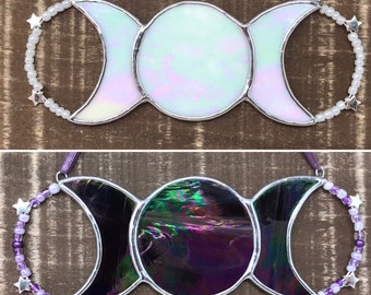 Triple Moon Goddess Symbol, Celestial Decor, Moon Phase, Stained Glass Moon Ornament, Suncatcher, Luna
