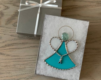 Teal Ribbon Ovarian Cancer Awareness Angel Ornament, Stained Glass Suncatcher, Remembrance Angel, Christmas, Guardian Angel, Miniature, Gift