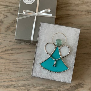 Teal Ribbon Ovarian Cancer Awareness Angel Ornament, Stained Glass Suncatcher, Remembrance Angel, Christmas, Guardian Angel, Miniature, Gift