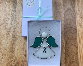 Teal Ribbon Ovarian Cancer Awareness Angel Ornament, Stained Glass Suncatcher, Remembrance Angel, Christmas, Guardian Angel, Miniature, Gift