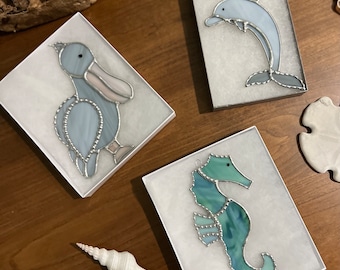 Stained Glass Dolphin, Seahorse or Pelican Ocean Ornament, Suncatcher