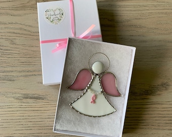 Breast Cancer Awareness  Angel Ornament, Stained Glass Angel, Suncatcher, Remembrance Angel, Christmas, Guardian Angel, Miniature, Gift