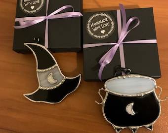Cauldron, Witch Hat Ornament, Witch Decor, Halloween Decor, Stained Glass Suncatcher, Witch Decorations, Witch Spell, Bat