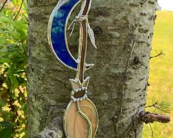 Witch Broom & Moon Stained Glass Ornament, Suncatcher, Witch Decor, Halloween Decoration