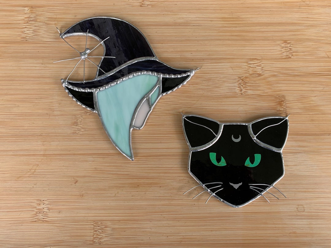 Black Cat or Witch Stained Glass Ornament, Suncatcher, Witch Decor ...