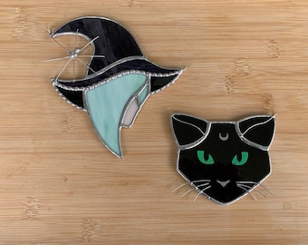 Black Cat or Witch Stained Glass Ornament, Suncatcher, Witch Decor, Halloween Decoration