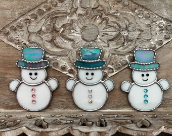 Snowman Ornament, Suncatcher, Miniature, Gift, Snowman Keepsake, Snowman Decoration, Stocking Stuffer, Stained Glass, Teacher Gift Idea