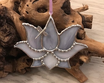 Stained Glass Lotus Flower with Dragonfly Suncatcher, Ornament