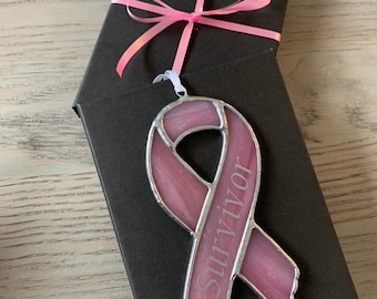 Personalized Breast Cancer Survivor Awareness Ribbon, Stained Glass Breast Cancer Ornament, Suncatcher, Mom, Sister, Daughter, Support, Gift