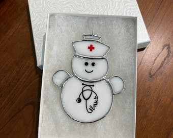 Nurse Snowman Stained Glass Ornament, Suncatcher, Healthcare, Stained Glass Snowman, Christmas Gift for a Nurse, Snowman, Stocking Stuffer