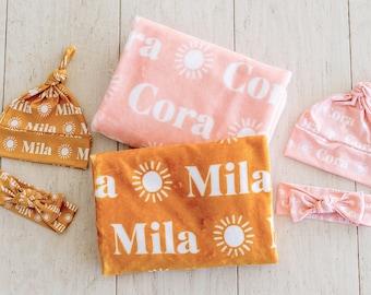 Sun Plush Minky Personalized Name Blanket - optional baby hat or bow