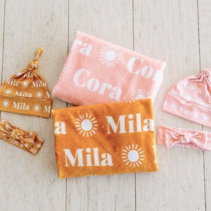 Sun Plush Minky Personalized Name Blanket - optional baby hat or bow