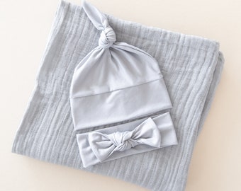 Light Grey blanket sets - classic muslin swaddle plus bow or hat