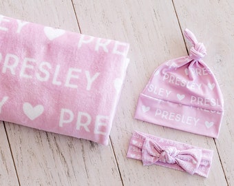 Heart Plush Minky Personalized Name Blanket - optional bow or hat