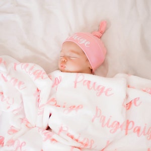 Blanket & Hat Set Personalized Plush Minky and Baby Hat image 1