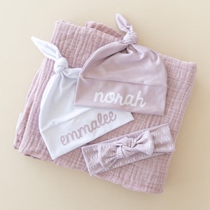 Lilac blanket sets - classic muslin swaddle plus personalized bow or hat