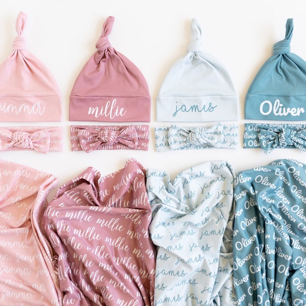 Personalized swaddle blankets, hats, and bows