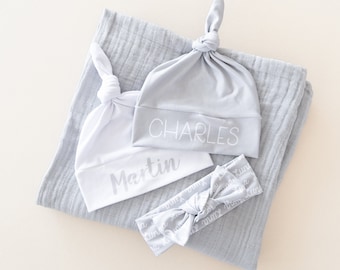 Light Grey blanket sets - classic muslin swaddle plus personalized bow or hat