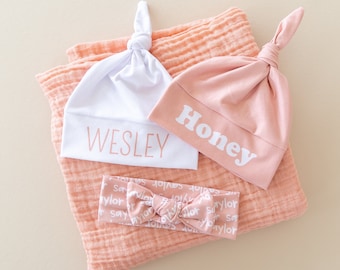 Apricot blanket sets - classic muslin swaddle plus personalized bow or hat