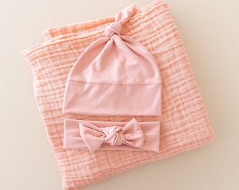 Apricot blanket sets - classic muslin swaddle plus bow or hat
