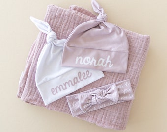 Lilac blanket sets - classic muslin swaddle plus personalized bow or hat