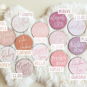 Op de afbeelding: Een set van 16 ronde houten naambordjes met roze, witte en mauve geschilderde achtergronden. De namen zijn in witte schrijfletters geschreven. De namen zijn: Willow, Eliana, Alayah Loren, Indie, Drew Belle Bloom, Kailee Rose, Sawyer Lynn Bella, Presley James, Anika Lea, Stevie Taylor, Kobe Andrew, Ruby, Oliver Reed, Pink Maple en Tawny.