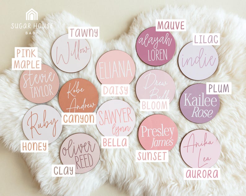 Op de afbeelding: Een set van 16 ronde houten naambordjes met roze, witte en mauve geschilderde achtergronden. De namen zijn in witte schrijfletters geschreven. De namen zijn: Willow, Eliana, Alayah Loren, Indie, Drew Belle Bloom, Kailee Rose, Sawyer Lynn Bella, Presley James, Anika Lea, Stevie Taylor, Kobe Andrew, Ruby, Oliver Reed, Pink Maple en Tawny.