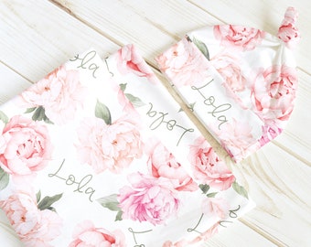 Peach Peony Blooms Personalized Swaddle Blanket