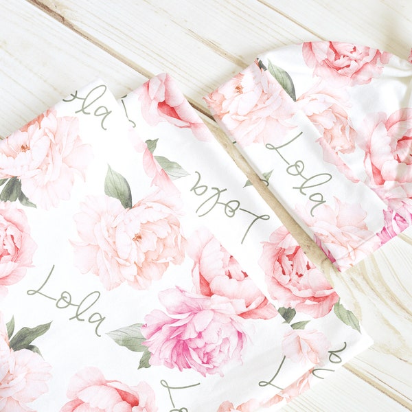 Peach Peony Blooms Personalized Swaddle Blanket