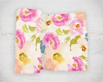 New! Watercolor Garden Floral Baby Swaddle Blanket - made from 100% cotton double gauze muslin - 45" square - pink and peach floral
