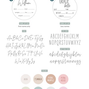 May include: A guide to designing birth announcement plaques with two different name options, font styles, and color choices. The fonts include cursive and block lettering. The color options include ash, timber, pink maple, pink rose, pine, coast, teal, and light plum.