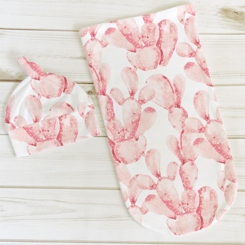 100/% organic cotton knit Organic Swaddle Cocoon /& Hat Set Pink Coral Cactus digitally printed newborn cocoon sack and knotted baby hat