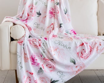 Pink peonies plush minky name blankets and accessories