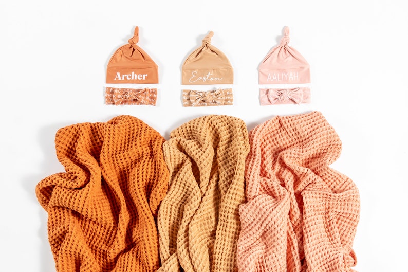 Waffle Baby Blanket Sets With Personalized Hats or Bows Etsy