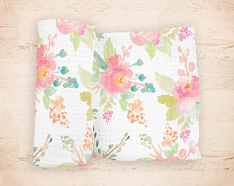 Spring Blooms Baby Swaddle Blanket - made from 100% cotton double gauze muslin - 45" square - pink and peach watercolor floral