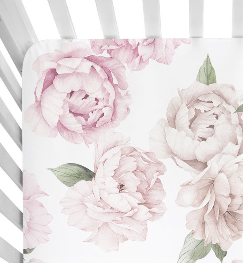 vintage pink peonies floral Pink Peony Blooms Fitted Crib Sheet fits standard crib mattress 28x52 digitally printed