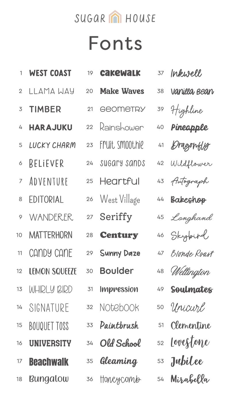 May include: A white graphic with the text "Sugar House Fonts" and a list of 54 font names. The fonts are displayed in various styles, including serif, sans-serif, and script fonts. The word "Fonts" is in a bold, sans-serif font.