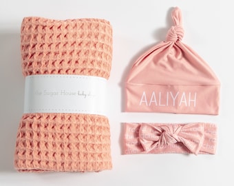 Apricot Waffle Baby Blanket Set with personalized hat or bow