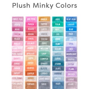 May include: A color chart displaying a variety of plush minky fabric swatches. Each swatch is labeled with a color name, ranging from Sweet Pea to Lilac. The Sugar House logo is at the top.