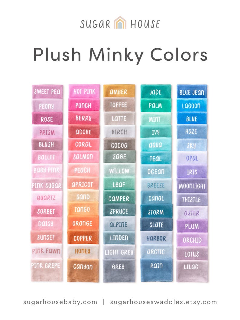 May include: A color chart displaying a variety of plush minky fabric swatches. Each swatch is labeled with a color name, ranging from Sweet Pea to Lilac. The Sugar House logo is at the top.