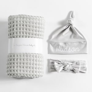 Light Grey Waffle Baby Blanket Set with personalized hat or bow