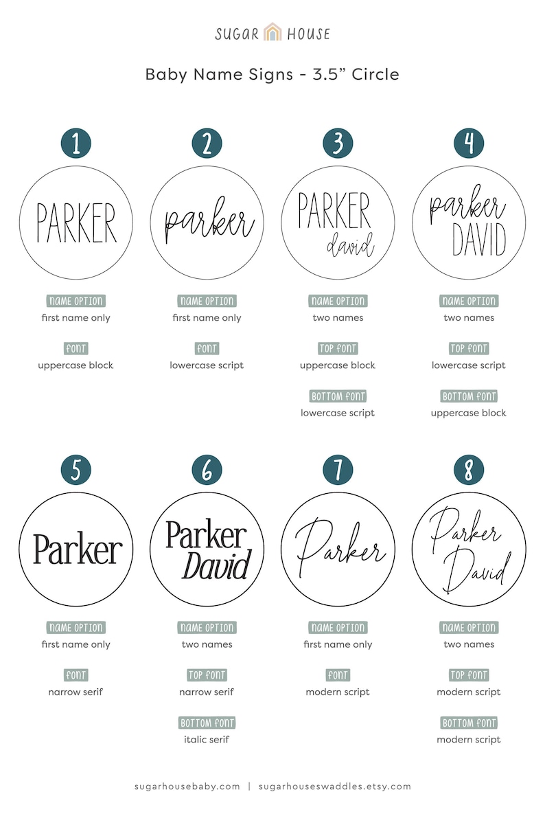 May include: Eight different designs for 3.5 inch round baby name signs. The signs feature the name "Parker" in various fonts and styles, including uppercase block, lowercase script, narrow serif, and modern script. Some signs also include the name "David".
