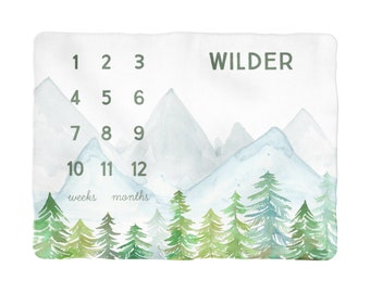 Personalized Adventure Milestone Blanket - gender neutral baby shower gift - for boy or girl - mountains woodland trees