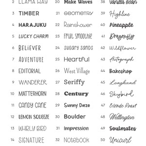 May include: A white graphic with the text "Sugar House Fonts" and a list of 54 font names. The fonts are in various styles, including serif, sans-serif, and script. The word "Fonts" is in a bold, sans-serif font.