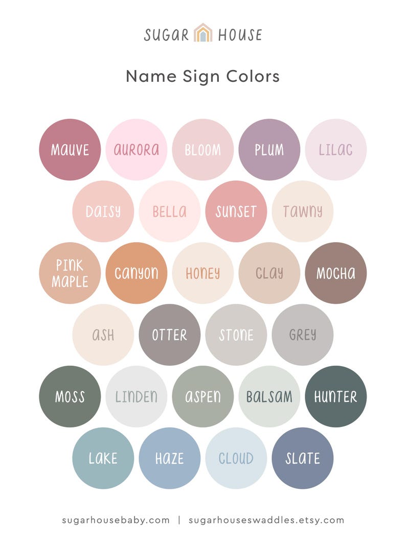 Op de afbeelding: Een kaart met 20 verschillende kleurstalen met namen voor elke kleur. De kleuren zijn gerangschikt in een honingraatpatroon. De kleuren omvatten mauve, aurora, bloei, pruim, lila, madeliefje, bella, zonsondergang, bruin, roze esdoorn, canyon, honing, klei, mokka, as, otter, steen, grijs, mos, linde, es, balsem, jager, meer, mist, wolk en leisteen.