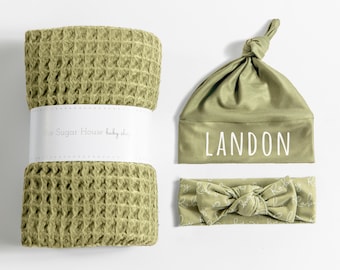 Olive Green Waffle Baby Blanket Set with personalized hat or bow