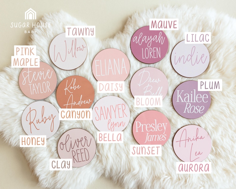 May include: A set of 16 round wooden name plaques with pink, white, and mauve paint. The plaques feature various names written in cursive script. The names include: Willow, Eliana, Alayah Loren, Indie, Drew Belle, Sawyer Lynn, Presley James, Anika Lea, Stevie Taylor, Kobe Andrew, Ruby Carson, Oliver Reed, Kailee Rose, Pink Maple, Daisy Bloom, and Honey Clay.
